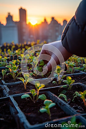 Close-up of hands planting young green seedlings in urban garden beds with a cityscape sunrise in the background. Stock Photo