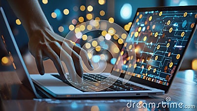 Close-up on Hands: Programmer With Disability Using Prosthetic Arm to Work on Laptop Computer. Stock Photo