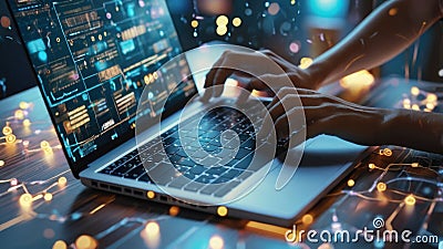Close-up on Hands: Programmer With Disability Using Prosthetic Arm to Work on Laptop Computer. Stock Photo