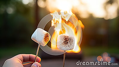 Close up of hands roasting marshmallows on a stick over the comforting warmth of an evening campfire Stock Photo