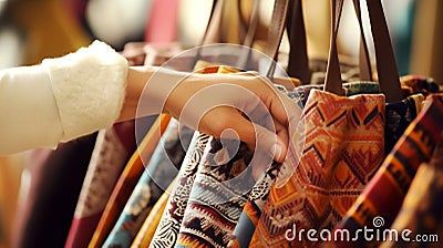 Close-up of hands selecting vintage textile shopping bag, each with distinct patterns and history. Second hand with Stock Photo