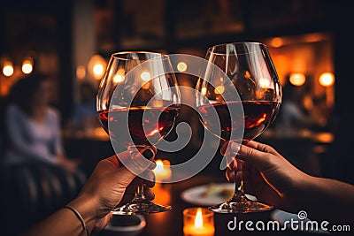 Close up of hands toasting wine at party, Generative AI Stock Photo