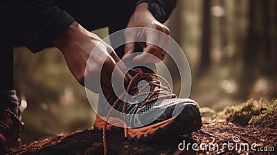 Close-up of hands tying shoelaces on trail running shoes Stock Photo