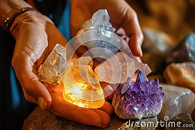 Close-up of hands using crystal therapy on a client Stock Photo