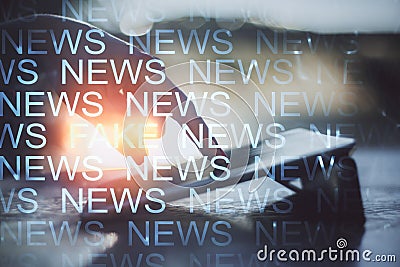 Close up of hands using tablet with creative news header hologram Stock Photo