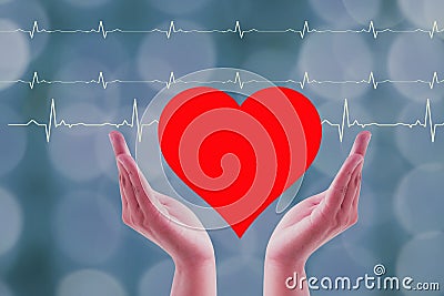 Close up Hands woman Holding and save Heart donor Icon Isolated On wave ekg and blurry background Stock Photo