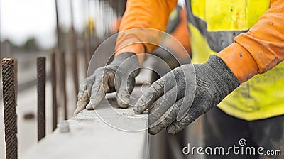 Close-up of hands working on bridge supports, unity in action, strength in teamwork Stock Photo