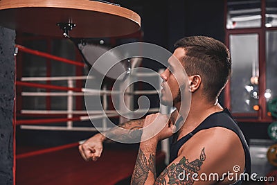 Ready to break his record. Close-up of muscular tattooed boxer in sports clothing hitting punching speed bag while Stock Photo