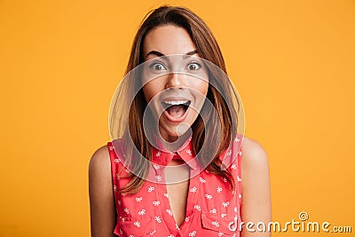 Close up of happy amazed woman with open mouth looking at camera Stock Photo