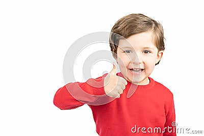Close up happy boy on white background thumb up hand sign Stock Photo