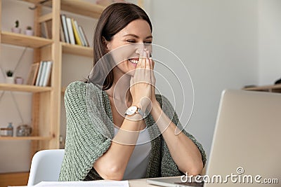 Close up happy excited businesswoman puts hands in prayer. Stock Photo