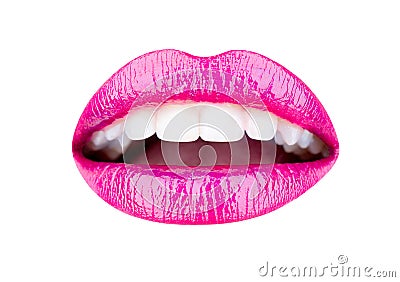 Close up happy female smile with healthy white teeth, bright gloss lips make-up. Isolated mouth, dentistry and beauty Stock Photo