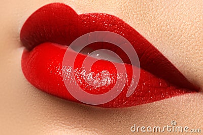 Close-up happy female smile with healthy white teeth, bright red lips make-up Stock Photo