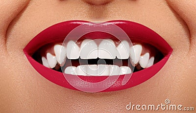 Close-up Happy Smile with Healthy White Teeth, Bright Red Lips Make-up. Cosmetology, Dentistry and Beauty care Stock Photo