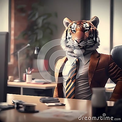 Happy Tiger Businessman In The Office. Generative AI Stock Photo