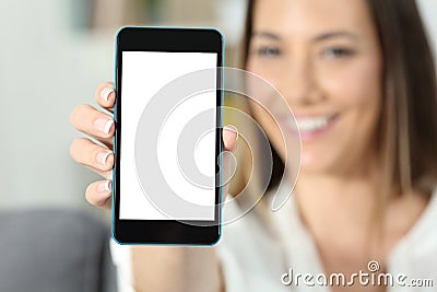 Happy woman hand holding a smart phone screen mockup Stock Photo