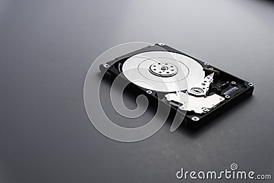 Close up of hard disk`s internal mechanism hardware. Soft focus at middle and background Stock Photo