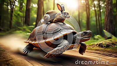 Close-up of a Hare on the Carapace of a Fast Turtle Running at Full Speed - Generative Ai Stock Photo