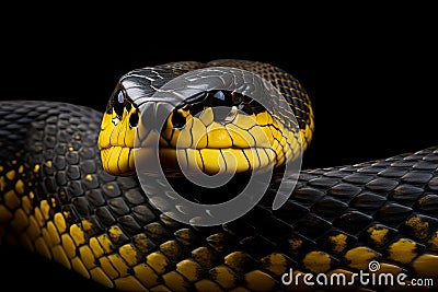 Close up of the head of a black and yellow striped snake on black background, Closeup of wild black yellow snake isolated on fl, Stock Photo