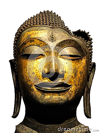 Close up of Head of Buddha, antique bronze Buddha face, National Museum Bangkok Thailand Editorial Stock Photo