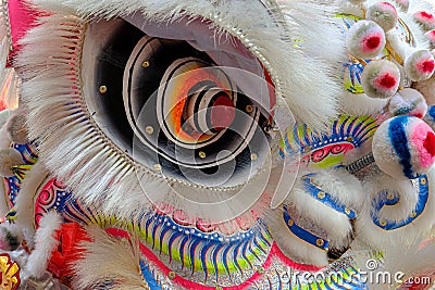 Close up, Head of The Chinese lion dance, traditional dance in Chinese culture which performers mimic a lion`s movements in a lio Stock Photo