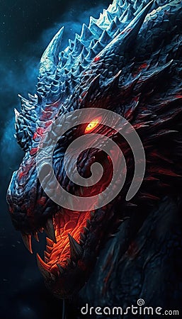 Close-Up Head of Mystical Dragon Making Ready for Fire Breath - Epic Medieval-Inspired Poster AI Generated Cartoon Illustration