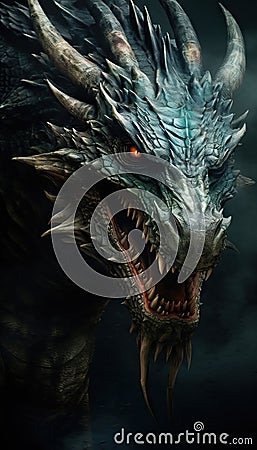 Close-Up Head of Mystical Dragon Ready for Fire Breath - Epic Medieval-Inspired Poster AI Generated Cartoon Illustration