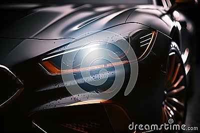 Close up on headlight turn on of a generic and unbranded luxury car, generative ai illustration Cartoon Illustration