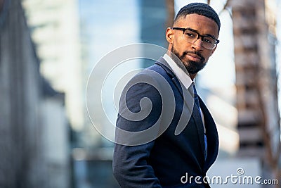 Close up headshot portrait of african american business professional, stylish modern glasses, intelligent and successful Stock Photo