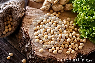Close up healthy grains soybean on wooden background Stock Photo