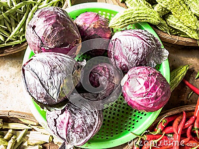 Close-up heap, pile of raw cabbage on a local asia farmers market. Cooking and healthy food concept, vitamins for strong Stock Photo