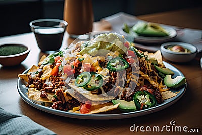 close-up of heaping plate of nachos, with melted cheese, spicy salsa, and other fixings Stock Photo