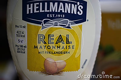 Close up of Hellmanns mayonnaise bottle label Editorial Stock Photo