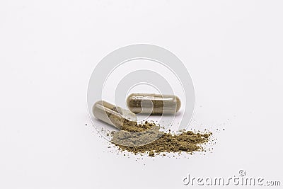 Close up herbal capsules isolate on white background. Stock Photo