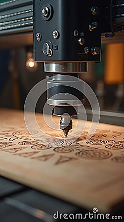 Close-Up of High-Precision Laser Engraving Machine Creating Intricate Patterns Stock Photo