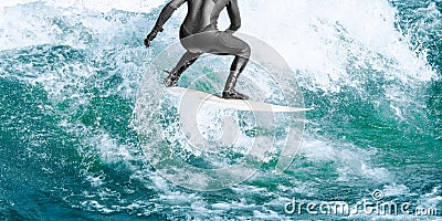 Close up high speed surfing on blue ocean big wave Stock Photo