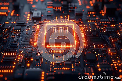 Futuristic Virtual Reality Circuit Board with Glowing Microchip for Technology Design Generative AI Stock Photo
