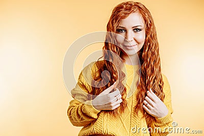 Close up highly detailed portrait of happy and cheerful caucasian female with cute smile, long ginger hair and perfect healthy Stock Photo