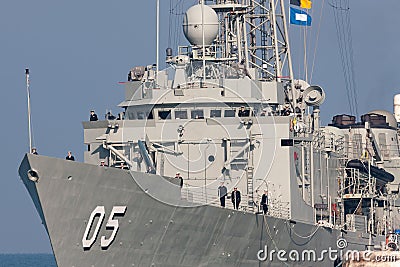 Close up of the HMAS Melbourne FFG 05 Adelaide-class guided-missile frigate of the Royal Australian Navy Editorial Stock Photo