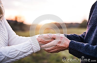 A close-up of holding hands of senior couple in an autumn nature at sunset. Stock Photo