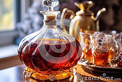 close-up of homemade amaretto in a glass decanter Stock Photo