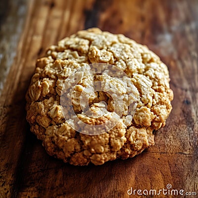 Close-up of a homemade oatmeal cookie on a wooden surface Stock Photo