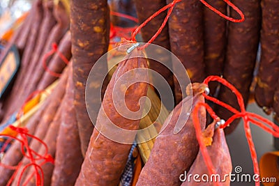 Close up of Homemade Sausages Made of Chilli and Pork Stock Photo