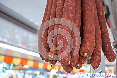 Close up of Homemade Sausages Made of Chilli and Pork Stock Photo
