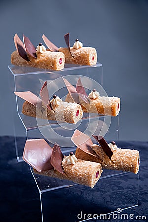 Close up of honey cake dessert with chocolate decor and meringue, gourmet catering sweet Stock Photo