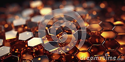 Close-up of honeycomb pattern with glowing amber cells and dark background. Scene captures detailed hexagonal structure Stock Photo