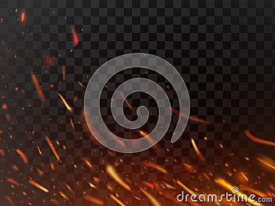 Close-up hot fiery sparkles and flame particles isolated. Inferno fire sparks and flaming flakes dark vector background Vector Illustration