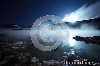 close-up of hot spring steam rising against a black night sky Stock Photo