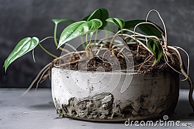 close-up of houseplant with its roots exposed, growing in concrete pot Stock Photo