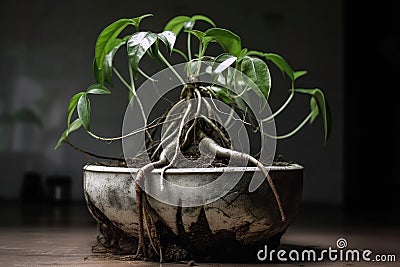 close-up of houseplant with its roots exposed, growing in concrete pot Stock Photo